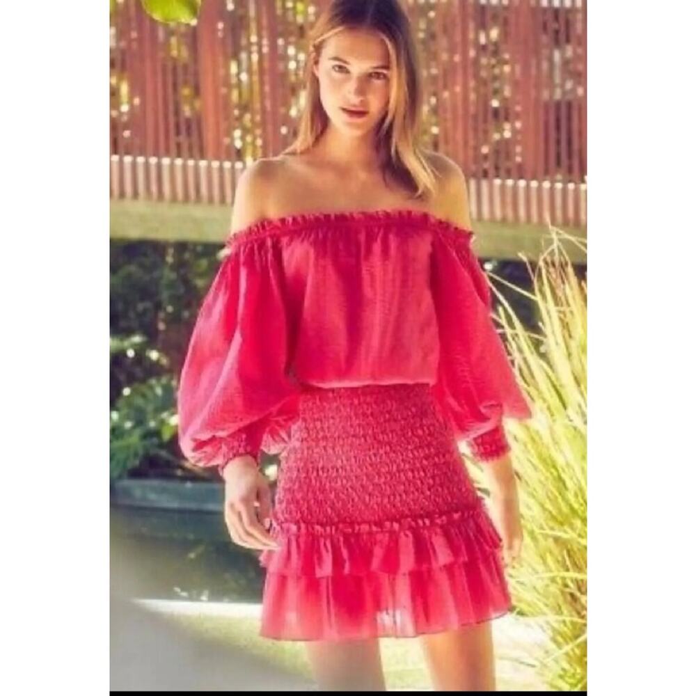 Alexis Marilena pink and orange‎ polka dot smocked ruffled off shoulder dress L